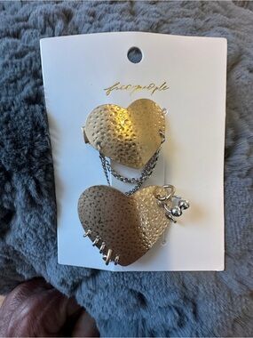 Free People Gold Hammered Heart Hair Clips with Chain and Charm